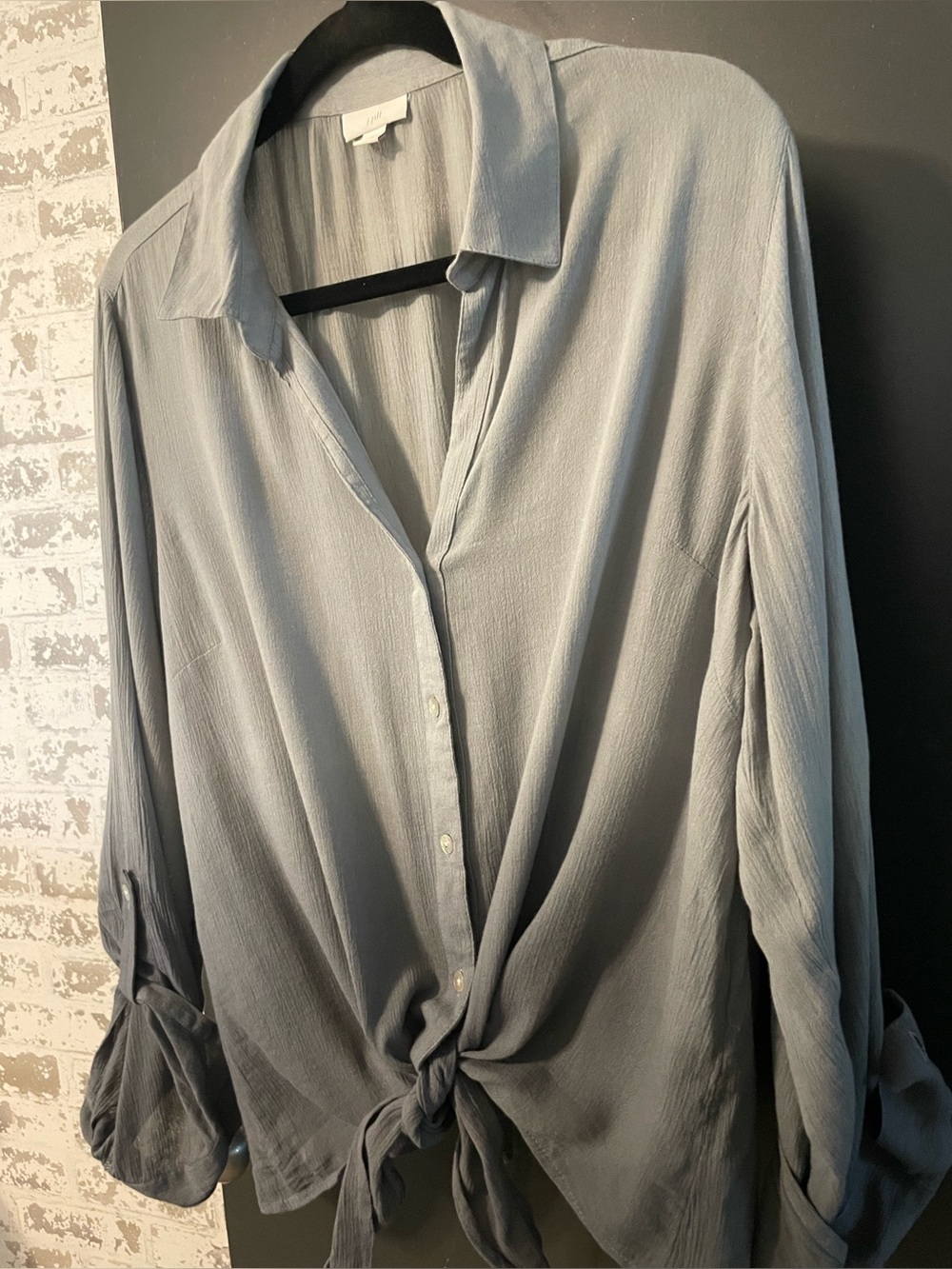 J. Jill Ombré Gray Tie Front Button Down Blouse Cotton Viscose Size Large - Picture 3 of 9